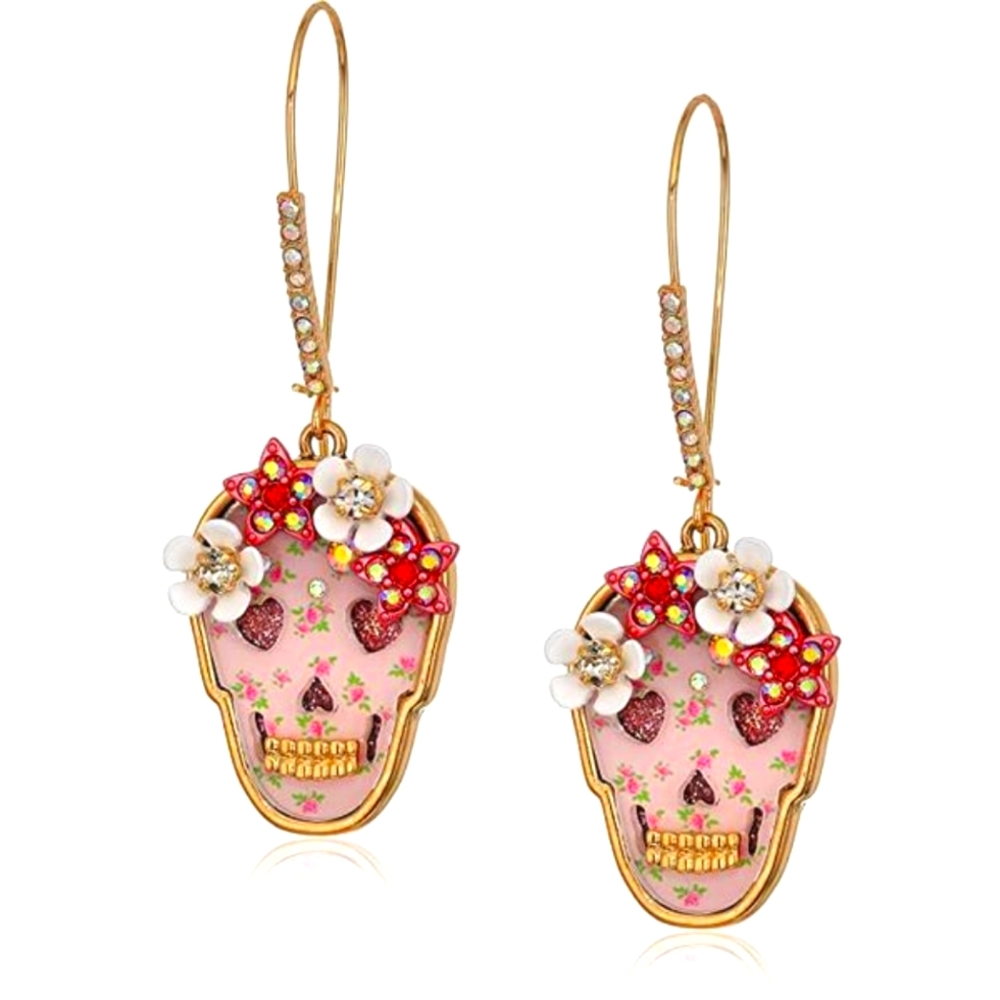 Betsey Johnson Floral Skull Dangle Earrings